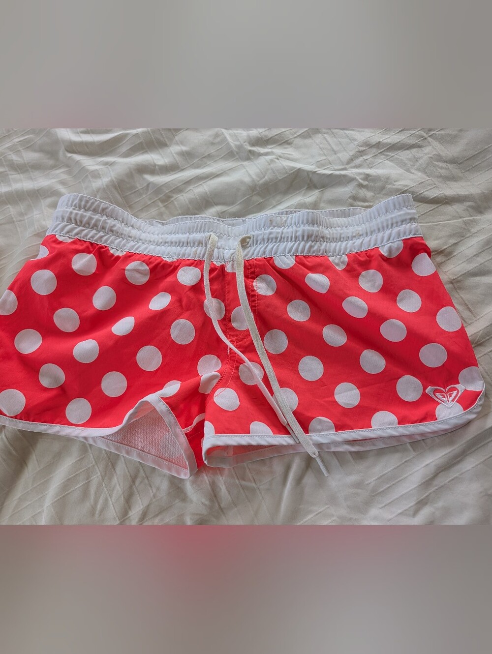 Roxy Coral Pink Polka Dot Swim Shorts with White Trim
